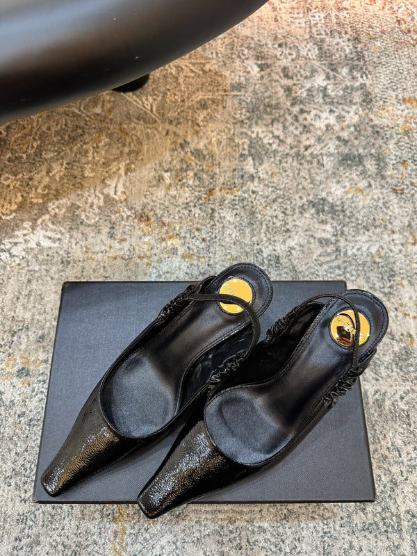 YSL Anne-Marie Slingback 8cm Black Glossy Sheepskin 637224