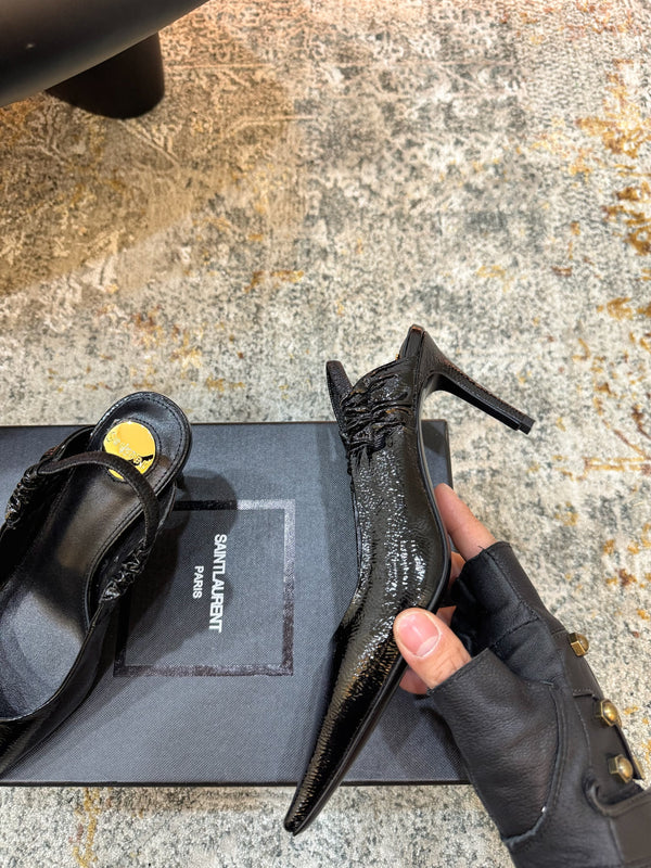 YSL Anne-Marie Slingback 8cm Black Glossy Sheepskin 637224