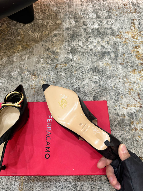 Ferragamo Maxi Gancini Slingback 7.5cm Black Embossed Sheepskin