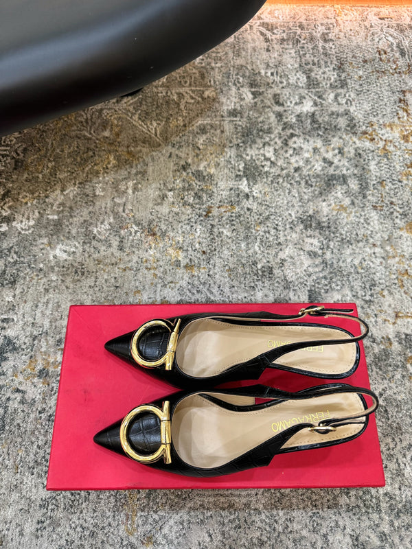 Ferragamo Maxi Gancini Slingback 7.5cm Black Embossed Sheepskin