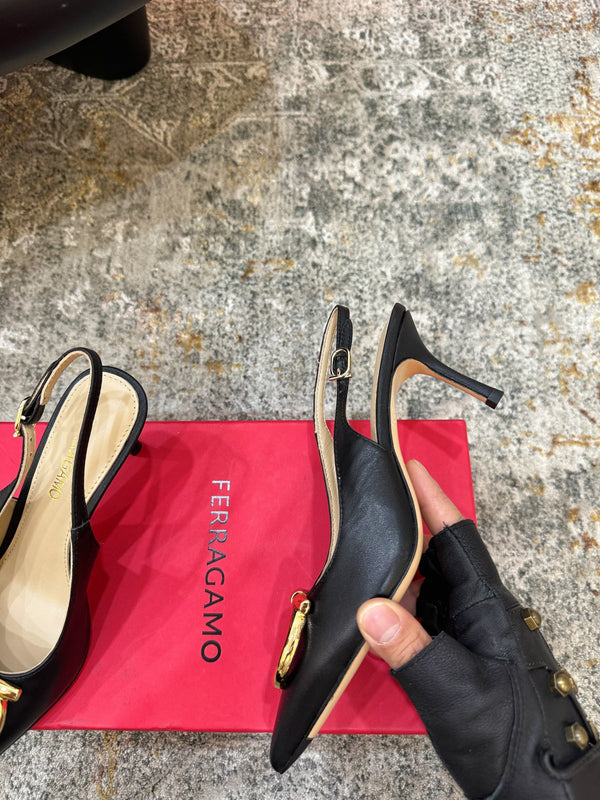 Ferragamo Maxi Gancini Slingback 7.5cm Black Cowhide 694840