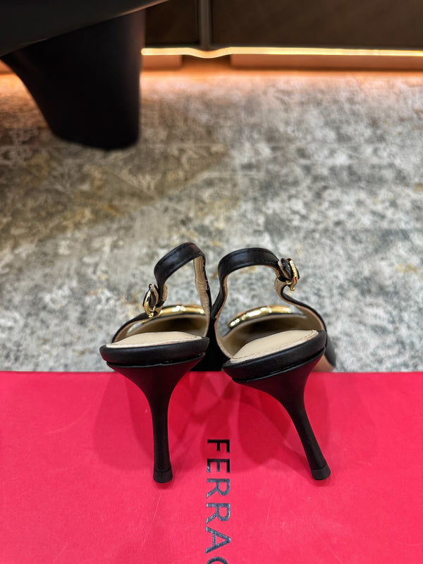 Ferragamo Maxi Gancini Slingback 7.5cm Black Cowhide 694840