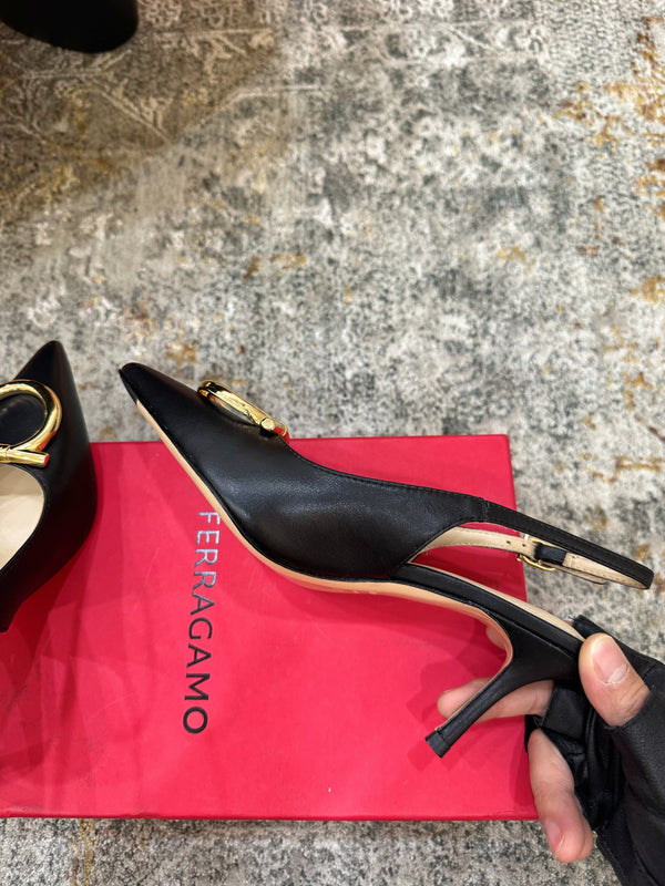 Ferragamo Maxi Gancini Slingback 7.5cm Black Cowhide 694840