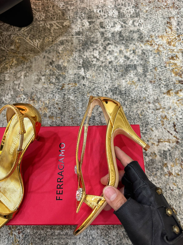 Ferragamo Crystal Embellishments Sandals 9cm Gold Patent Leather 694844