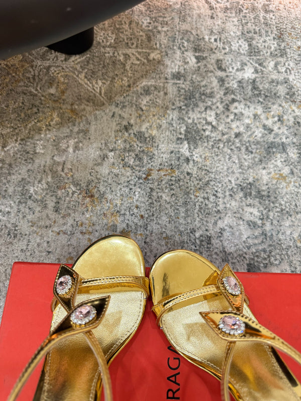 Ferragamo Crystal Embellishments Sandals 9cm Gold Patent Leather 694844