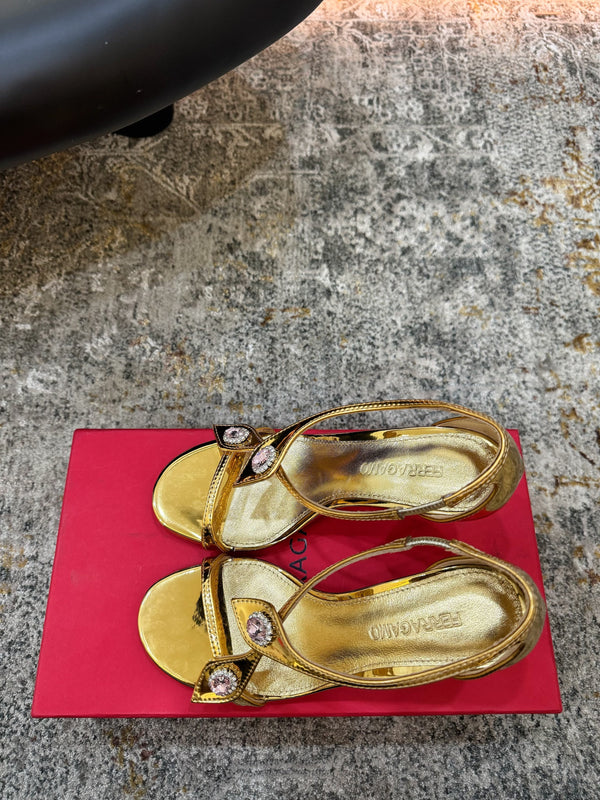 Ferragamo Crystal Embellishments Sandals 9cm Gold Patent Leather 694844