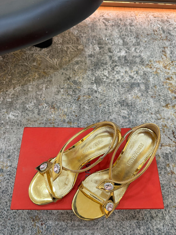 Ferragamo Crystal Embellishments Sandals 9cm Gold Patent Leather 694844