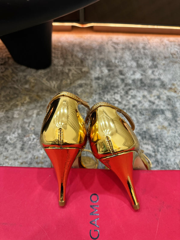 Ferragamo Crystal Embellishments Sandals 9cm Gold Patent Leather 694844