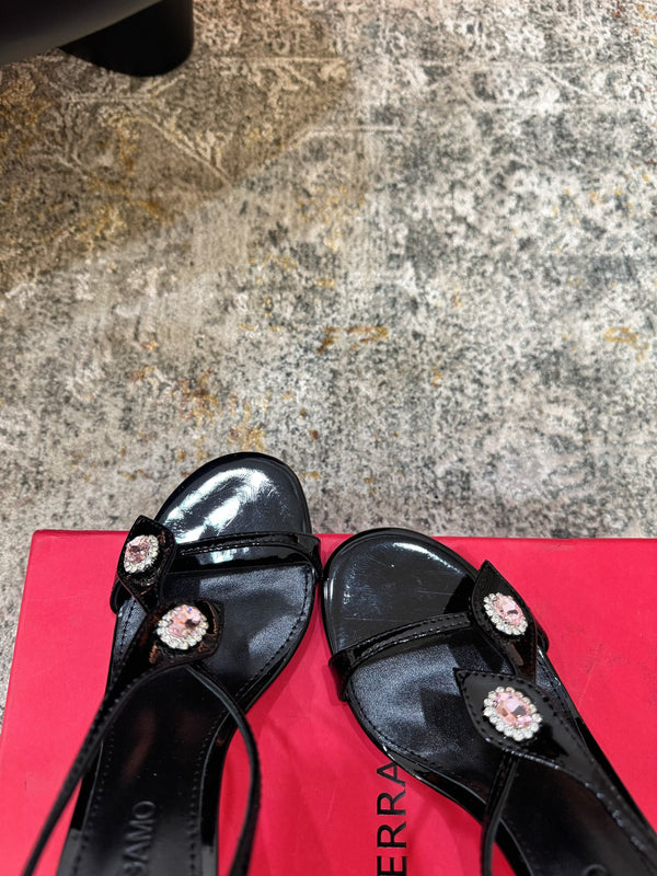 Ferragamo Crystal Embellishments Sandals 9cm Black Patent Leather 694845