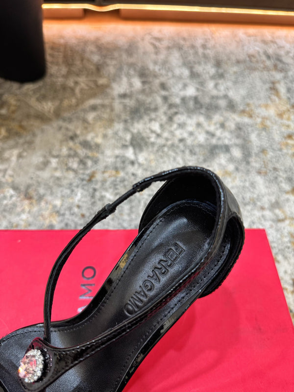 Ferragamo Crystal Embellishments Sandals 9cm Black Patent Leather 694845
