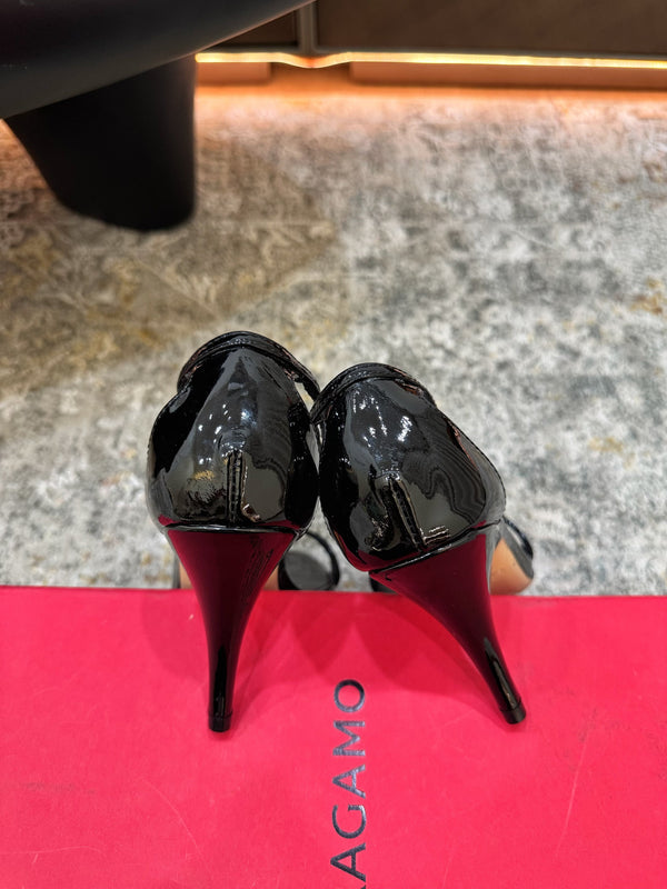 Ferragamo Crystal Embellishments Sandals 9cm Black Patent Leather 694845