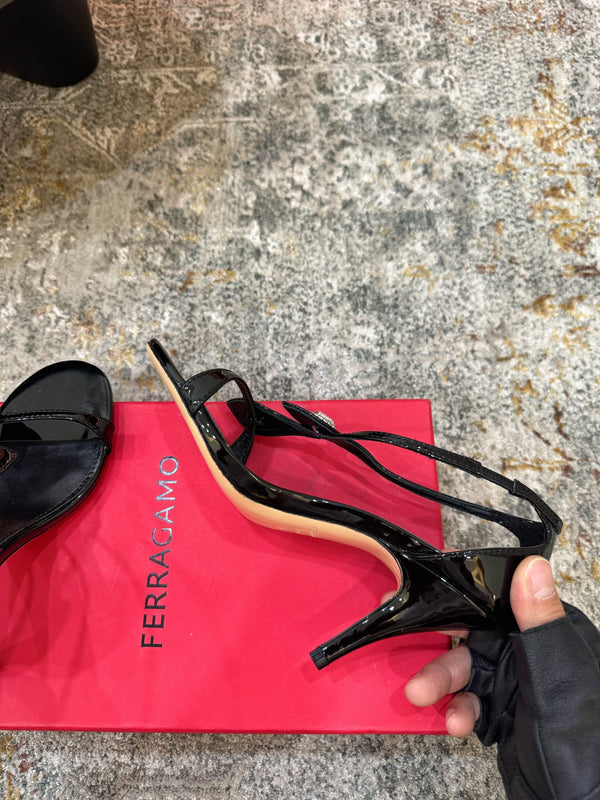 Ferragamo Crystal Embellishments Sandals 9cm Black Patent Leather 694845