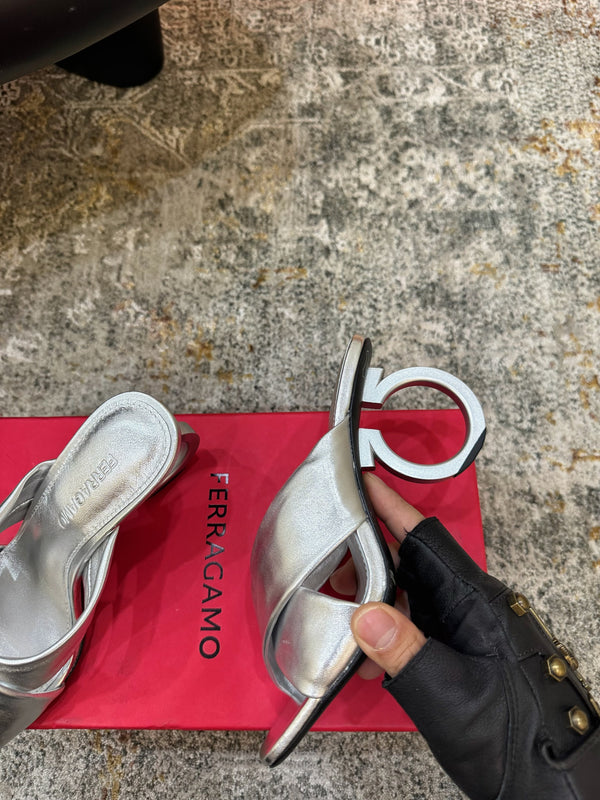 Ferragamo Gancini-Heel Padded Sandals 9cm Sliver Cowhide 694846