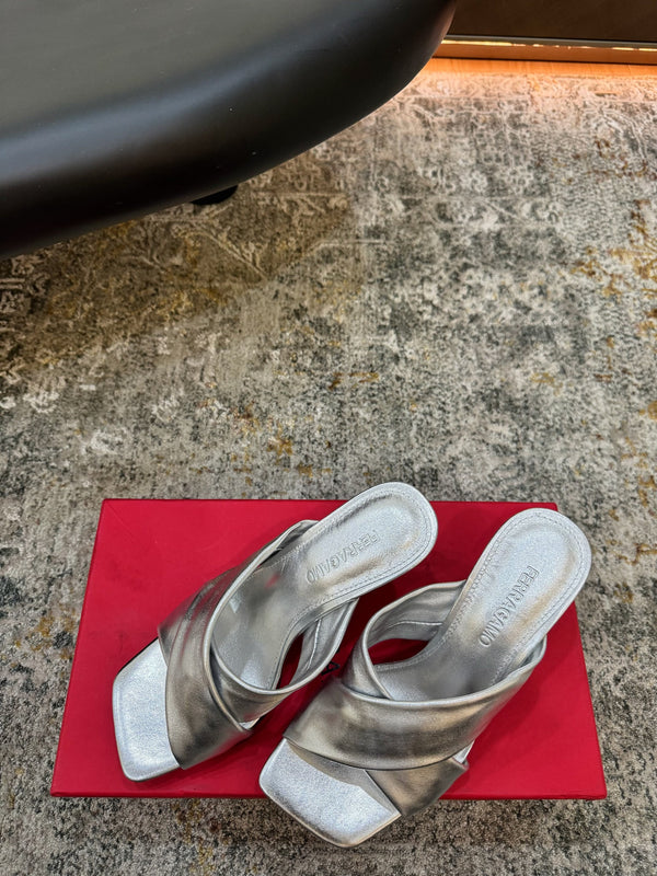 Ferragamo Gancini-Heel Padded Sandals 9cm Sliver Cowhide 694846