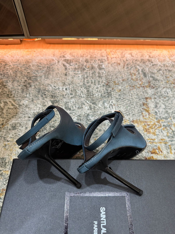 YSL 26FW Sandal 10.5cm Dark Teal Blue Silk 803987
