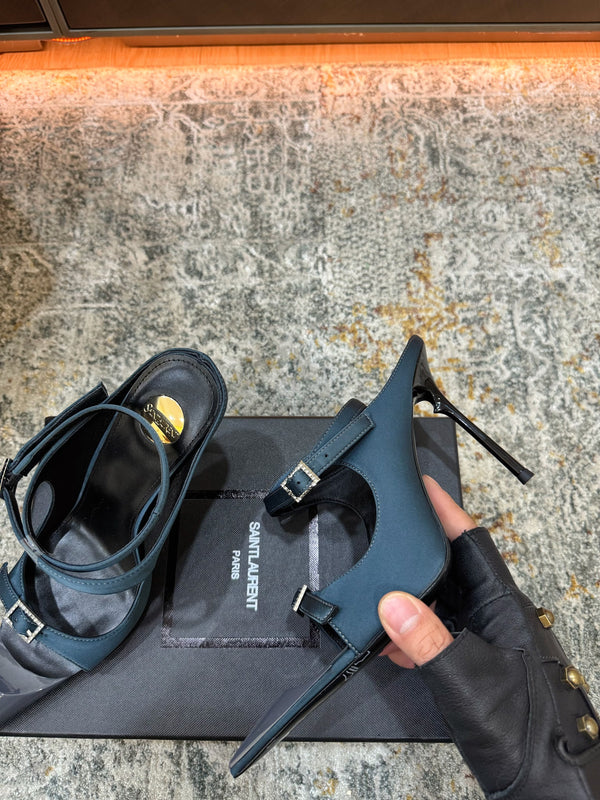 YSL 26FW Sandal 10.5cm Dark Teal Blue Silk 803987
