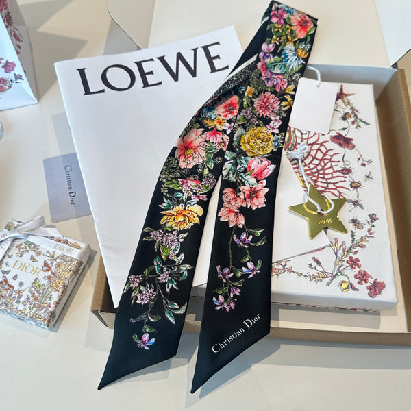 CD Twilly Mini Scarf 105cm Black Colorful Mulberry Silk 902532
