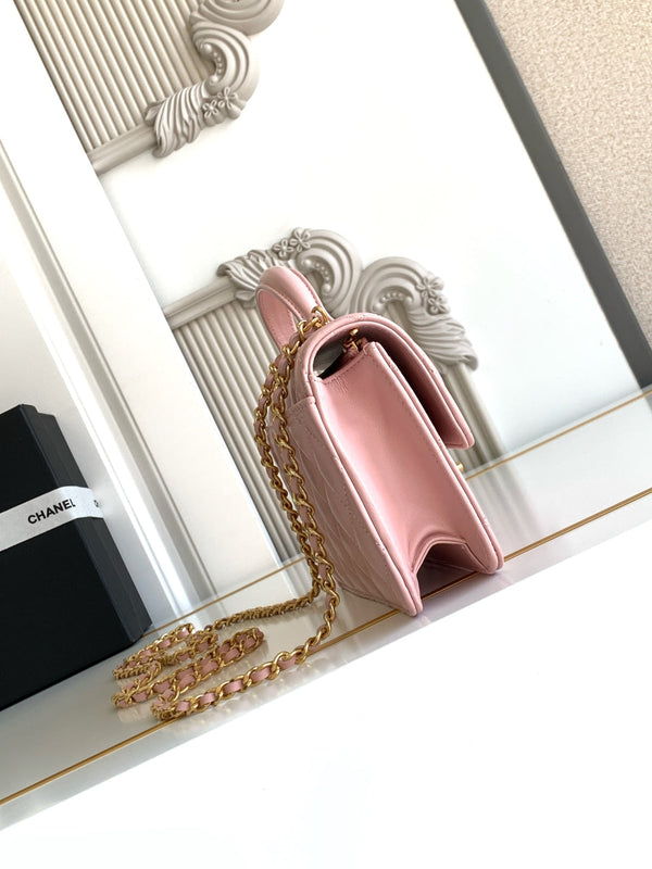 Borsa con manico CC 19 cm Doppia C Pelle di agnello rosa Hardware dorato