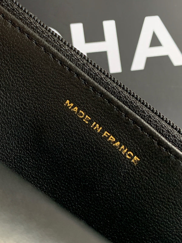 Borsa con manico CC 19 cm Doppia C Pelle di agnello nera Hardware dorato