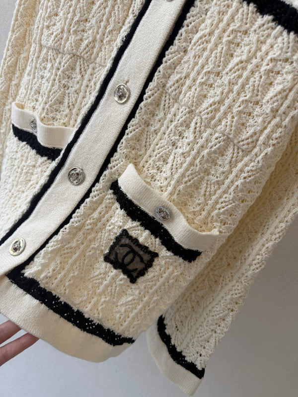 CC 26s Open Knit Cardigan Cotton Blend Contrast Trim 441884