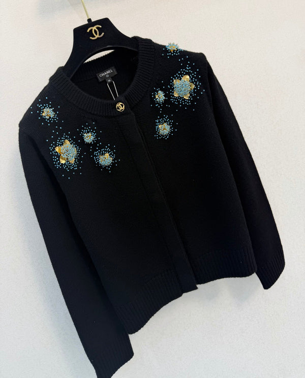 CC 26s Beaded Floral Knit Cardigan Black Cashmere 450710