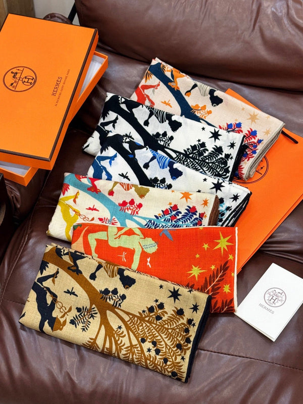 HM 25s Scarf 140cm Orange Colorful Cashmere Silk 962470