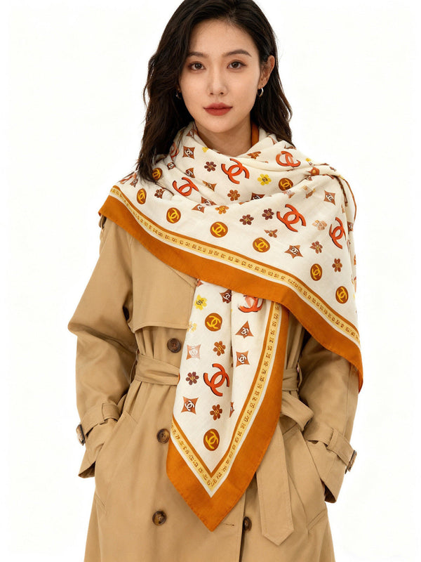 Écharpe CC 140cm Soie et cachemire à motif marron et blanc 143732