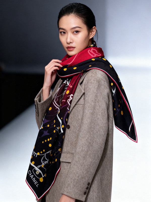 CC Double-sided Scarf 135cm Red And Black Mulberry Silk Cashmere 143734