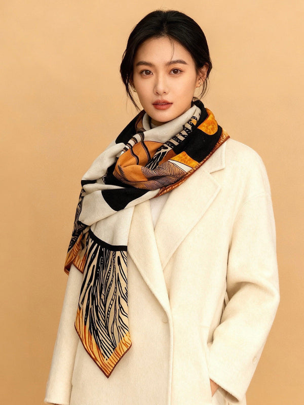 HM 26s Foulard double face 140cm Soie cachemire blanc marron 153142