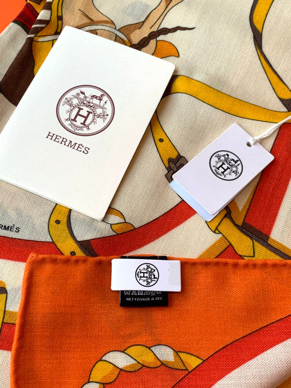 HM 26s Double-sided Scarf 140cm Orange Cream Silk Cashmere 153158