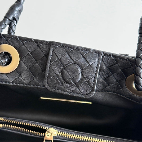 BV Basket Handbag 31cm Black Intrecciato Leather