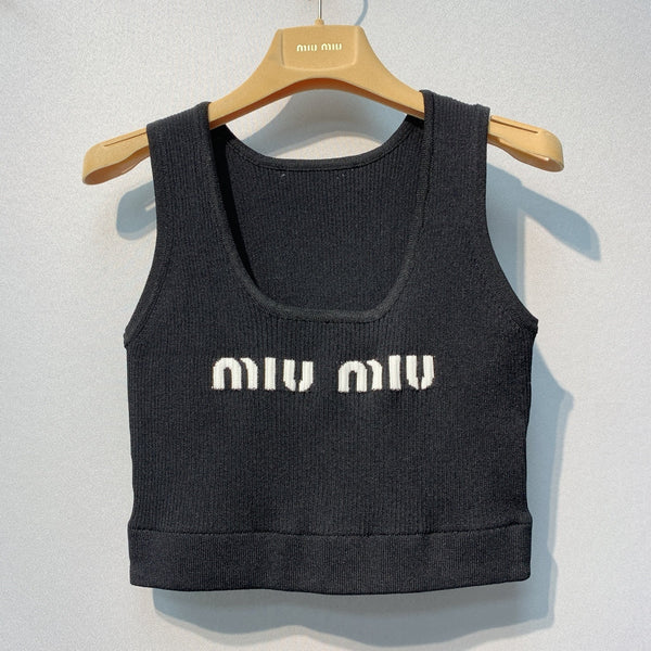 Miu SS26 Cropped Logo-knit Tank Top Black Viscose Polyester 350947