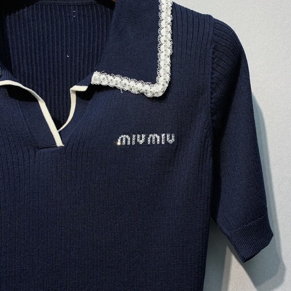 Miu SS26 Knitted Collared Lace Beaded Logo Top Dark Blue Cotton Silk 350905
