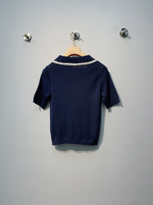 Miu SS26 Knitted Collared Lace Beaded Logo Top Dark Blue Cotton Silk 350905