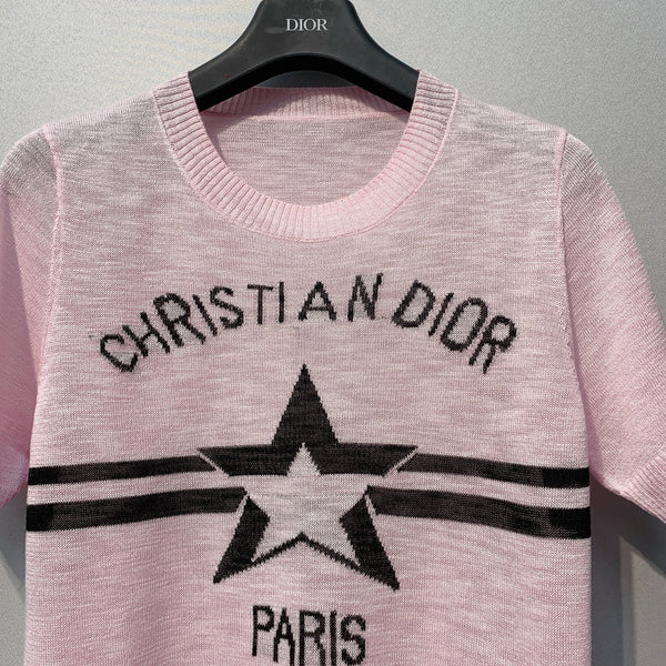 Pull à manches courtes CD SS26 Signature et Star en laine rose clair 350916