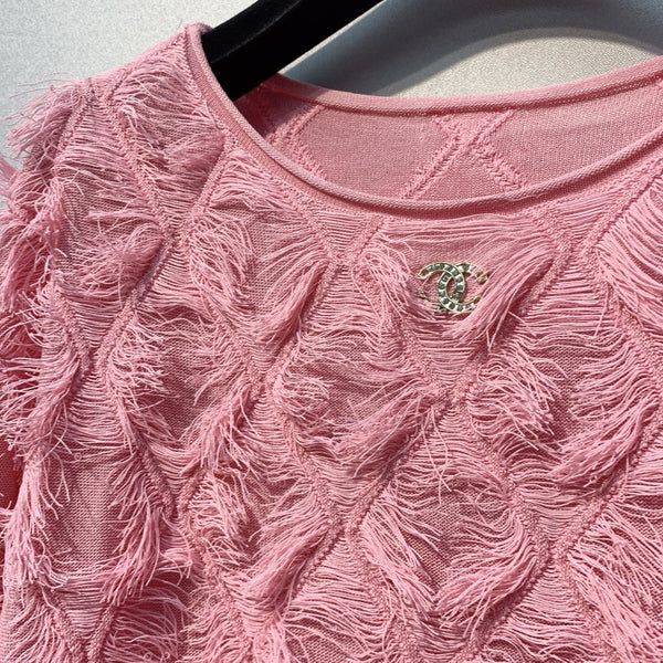 CC SS26 Haut en mousseline orné de plumes Rosette Pink Chiffon 350964
