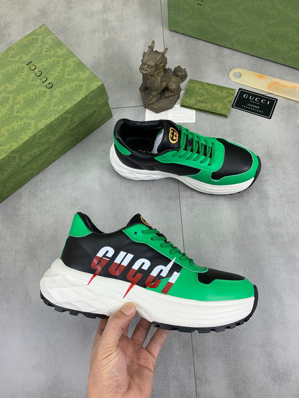 GG Men's Rhyton Sneaker Green White Calfskin 528952