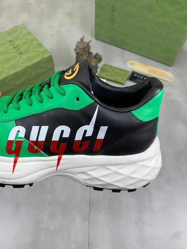 GG Men's Rhyton Sneaker Green White Calfskin 528952