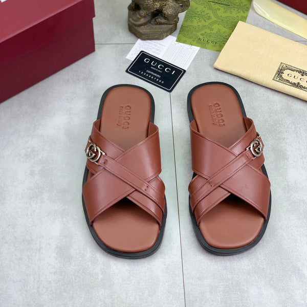 GG Men's 25 Sandals Slide Brown Cowhide 738473
