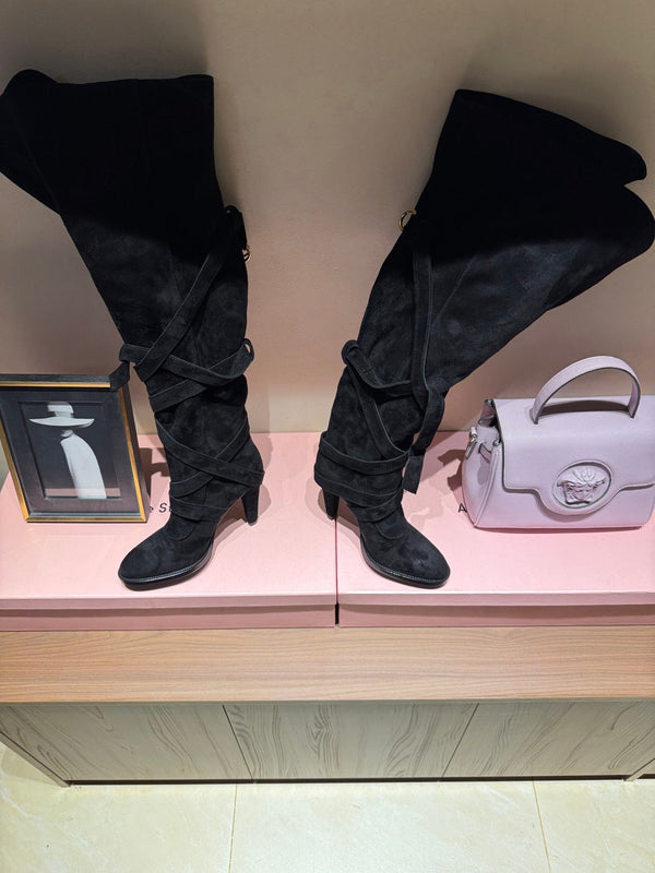 YSL 2025 Round-toe Straight-leg Martin Boot Black Suede 574007