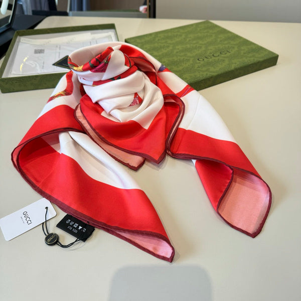 GG Signature Floral Scarf 90CM White Red Twill Silk 280694