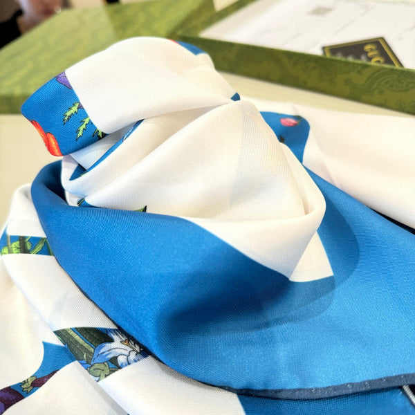 GG Signature Floral Scarf 90CM White Blue Twill Silk 280695