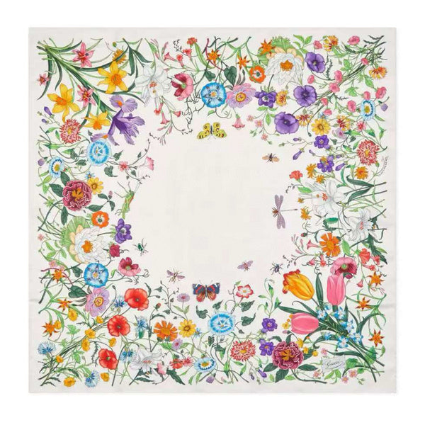 GG Scarf 90CM White Multi-Colored Floral Mulberry Silk 286774