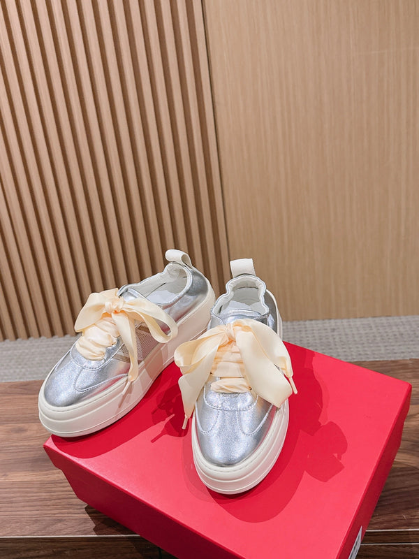Ferragamo Bow Platform Sneaker Sliver Satin Sheepskin