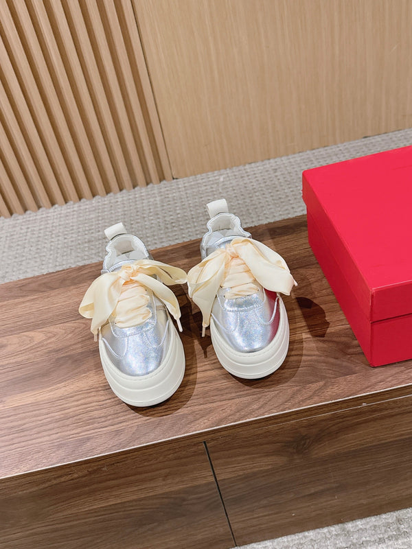 Ferragamo Bow Platform Sneaker Sliver Satin Sheepskin