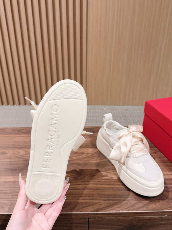 Ferragamo Bow Platform Sneaker Grey Ivory Satin Sheepskin