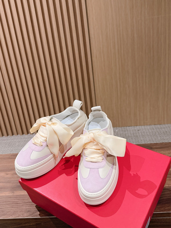 Ferragamo Bow Platform Sneaker Pink Ivory Satin Sheepskin