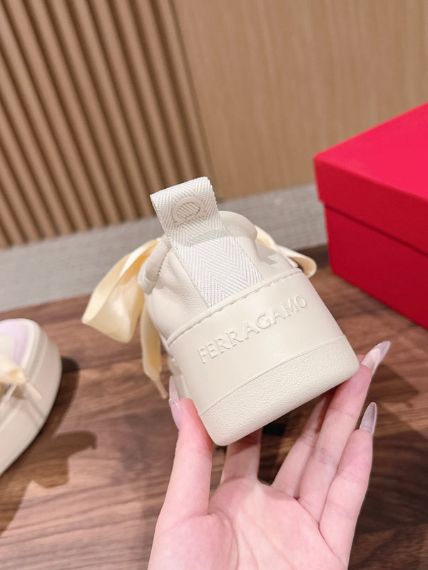 Ferragamo Bow Platform Sneaker Pink Ivory Satin Sheepskin