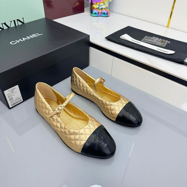 CC 25 Mary Jane Gold Metallic Quilted Black Lambskin 368133
