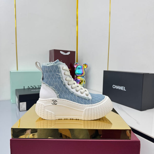 Chanel 2025 High-Top Sneakers Light Blue White Cowhide Denim Frabic 469797